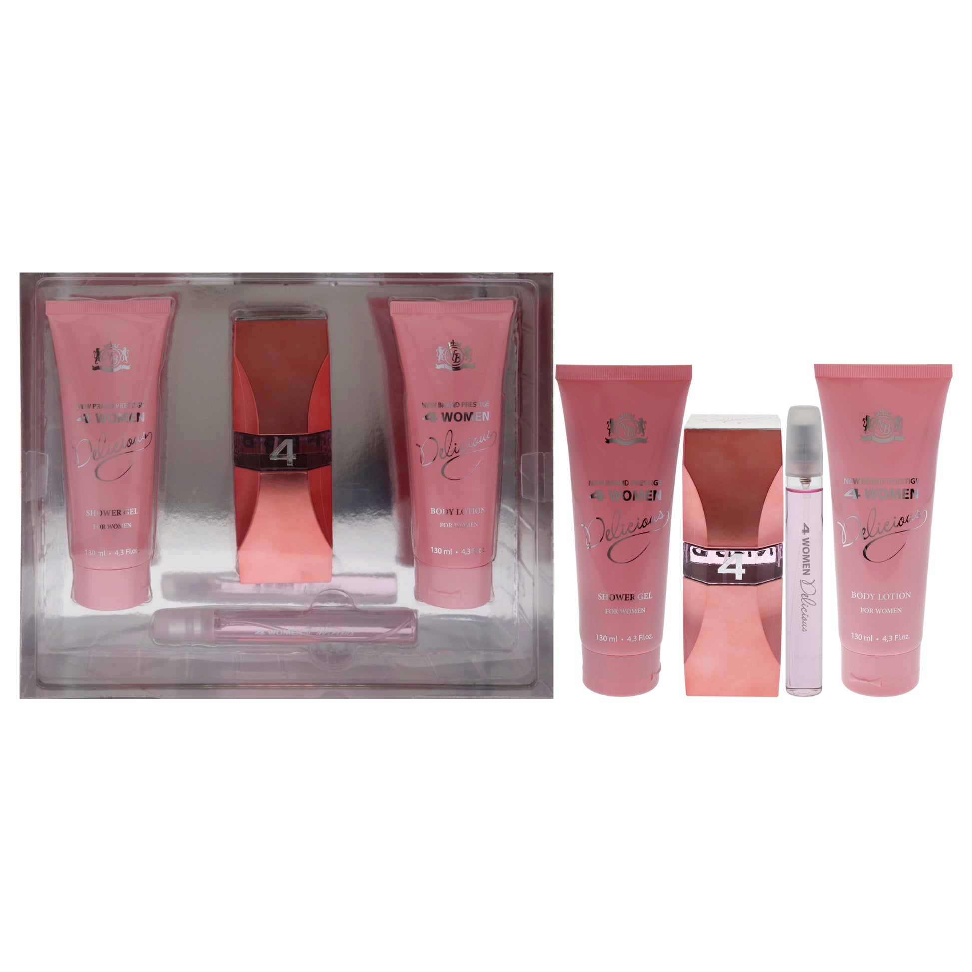 Prestige 4 Woman Delicious by New Brand for Women - 4 Pc Gift Set 3.3oz EDP Spray, 0.5oz EDP Spray, 4.3oz Shower Gel, 4.3oz Body Lotion