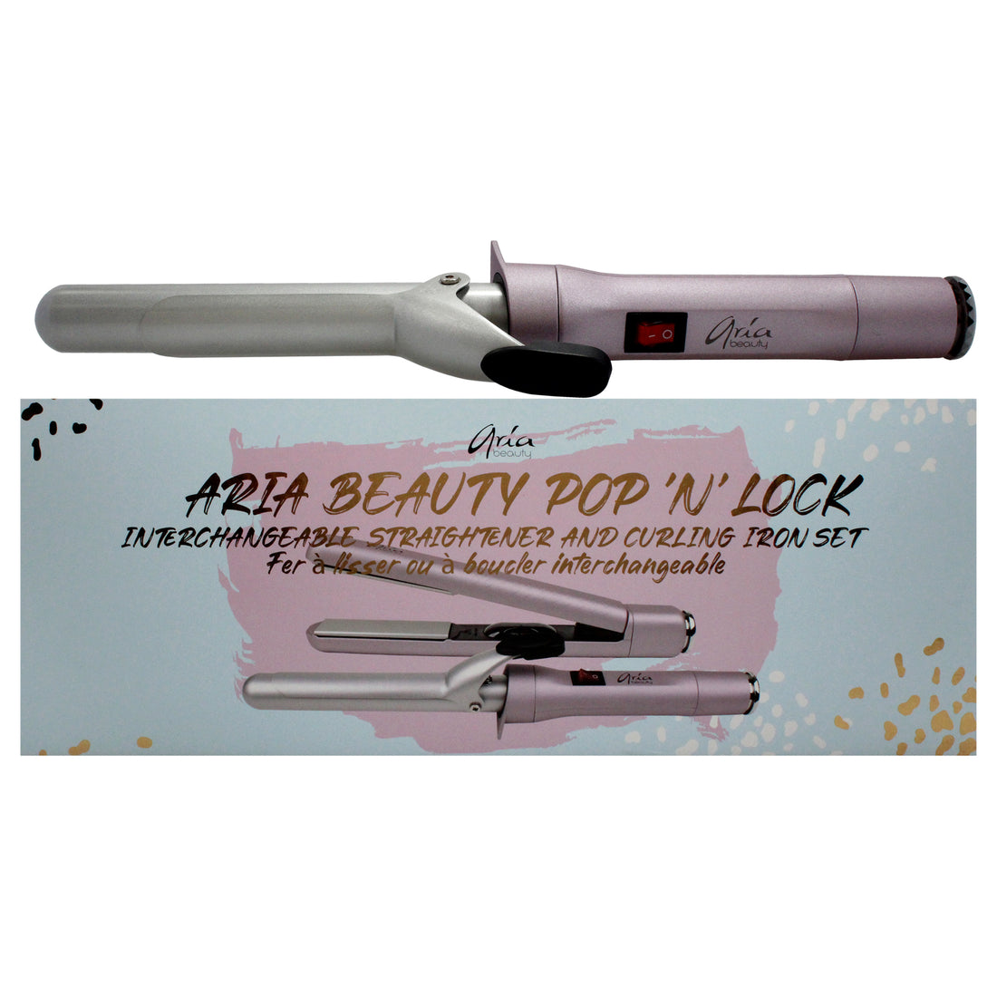 Pop N Lock Interchangeable Straightener and Curling Iron Set by Aria Beauty for Women - 2 Pc 1 Inch Flat Iron, 1 Inch Curling Iron