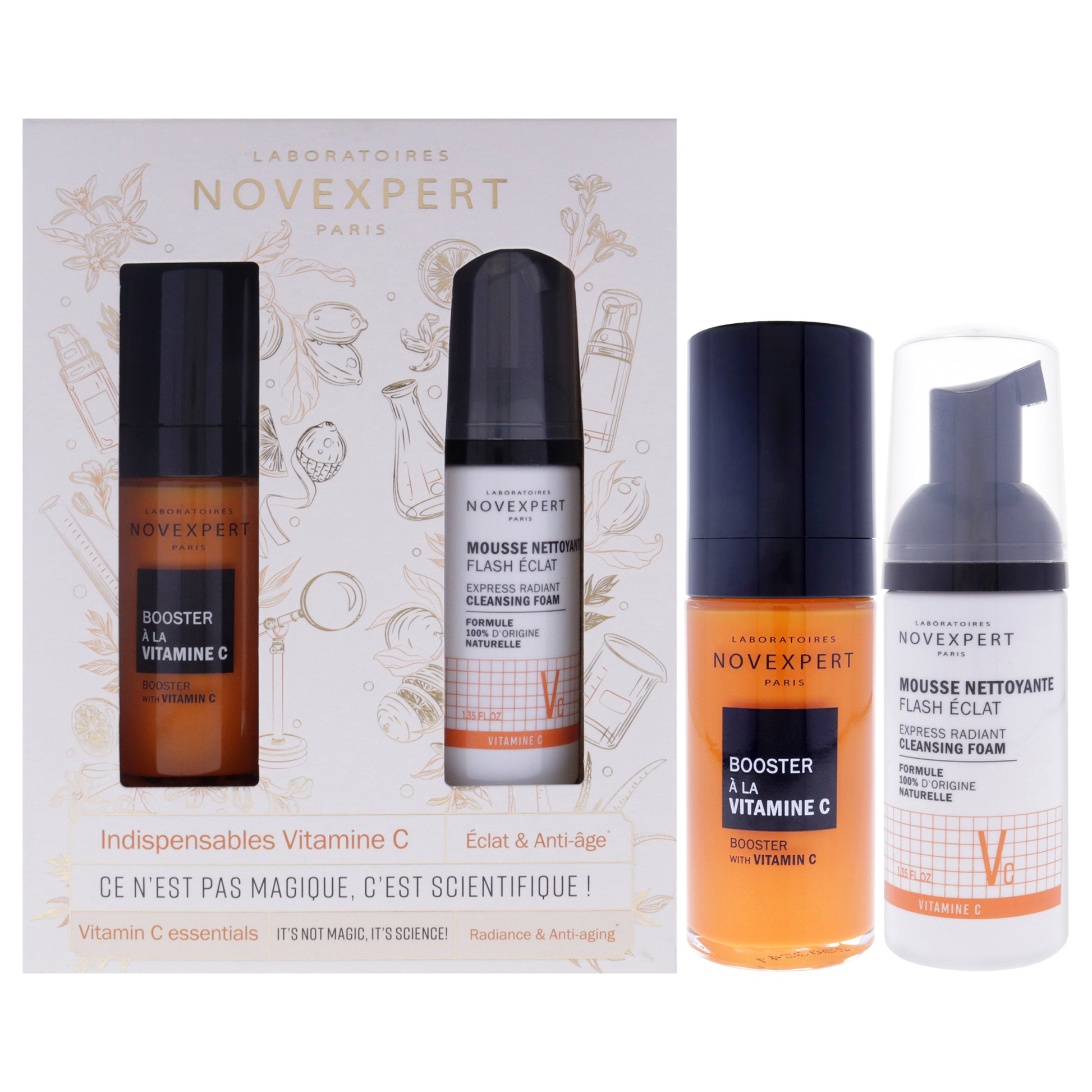 Vitamin C Essentials Set by Novexpert for Women - 2 Pc 1oz Boster with Vitamin C, 1.35oz Express Radiant Cleansing Foam