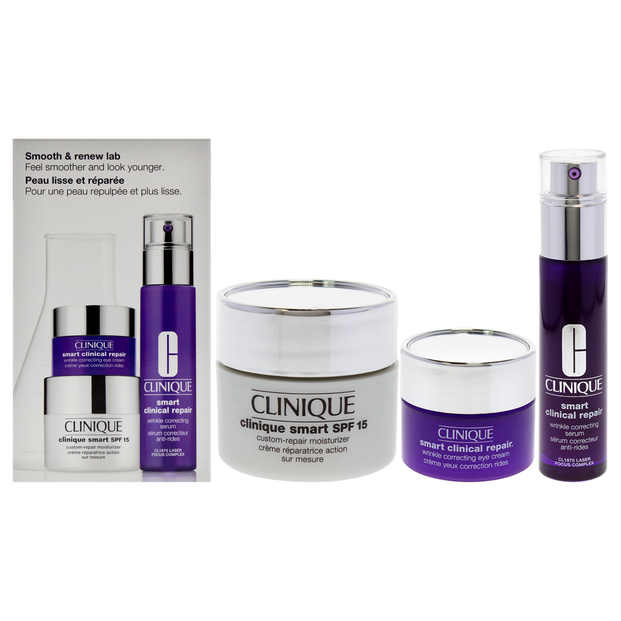 Smooth and Renew Lab Set by Clinique for Women - 3 Pc 1oz Clinique Smart Clinical Repair Wrinkle Correcting Serum, 0.5 oz Clinique Smart Broad Spectrum SPF 15 Custom Repair Moisturizer , 0.17 oz Clinique Smart Clinical Repair Wrinkle Correcting Eye Cream.