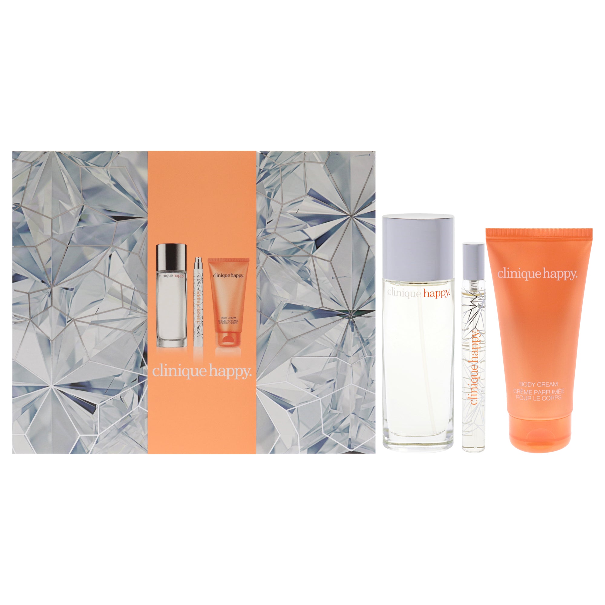 Perfectly Happy Set by Clinique for Women - 3 Pc Kit 1.7oz Clinique Happy Perfume Spray, 0.34oz Clinique Happy Perfume Spray, 2.5oz Clinique Happy Body Cream