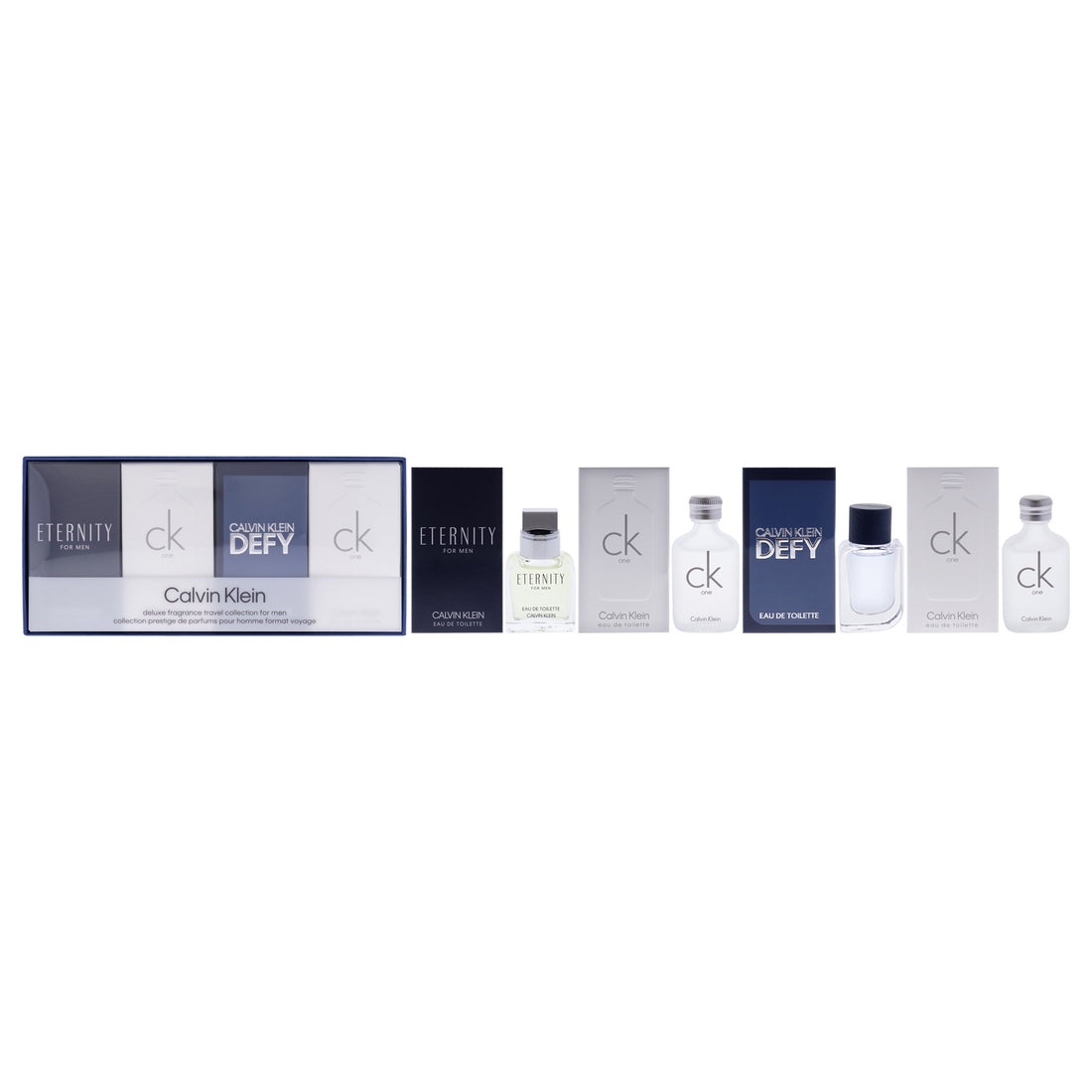 Calvin Klein Deluxe Fragance Collection Set by Calvin Klein for Men - 4 Pc Gift Set 0.33oz Eternity EDT Spray, 2 x 0.33oz CK One EDT Spray, 0.16oz Defy EDT Spray