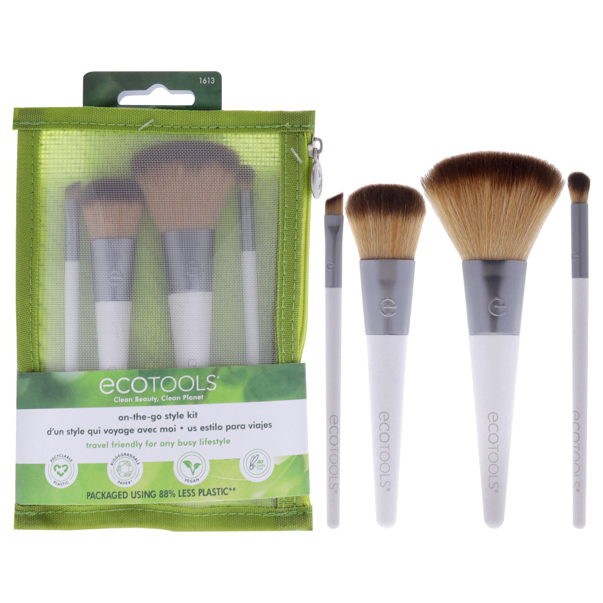 On-The-Go Style Brush Kit by Ecotools for Women - 4 Pc Complexion Blending Brush, Multitasking Blush Brush, Micro Crease Brush, Angled Liner Brush