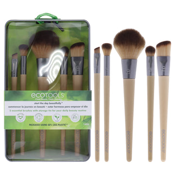 Start The Day Beautifully Brush Kit by Ecotools for Women - 5 Pc Angled Foundation Brush, Blurring Brush, Defined Crease Brush, Angled Liner Brush, Full Blush Brush