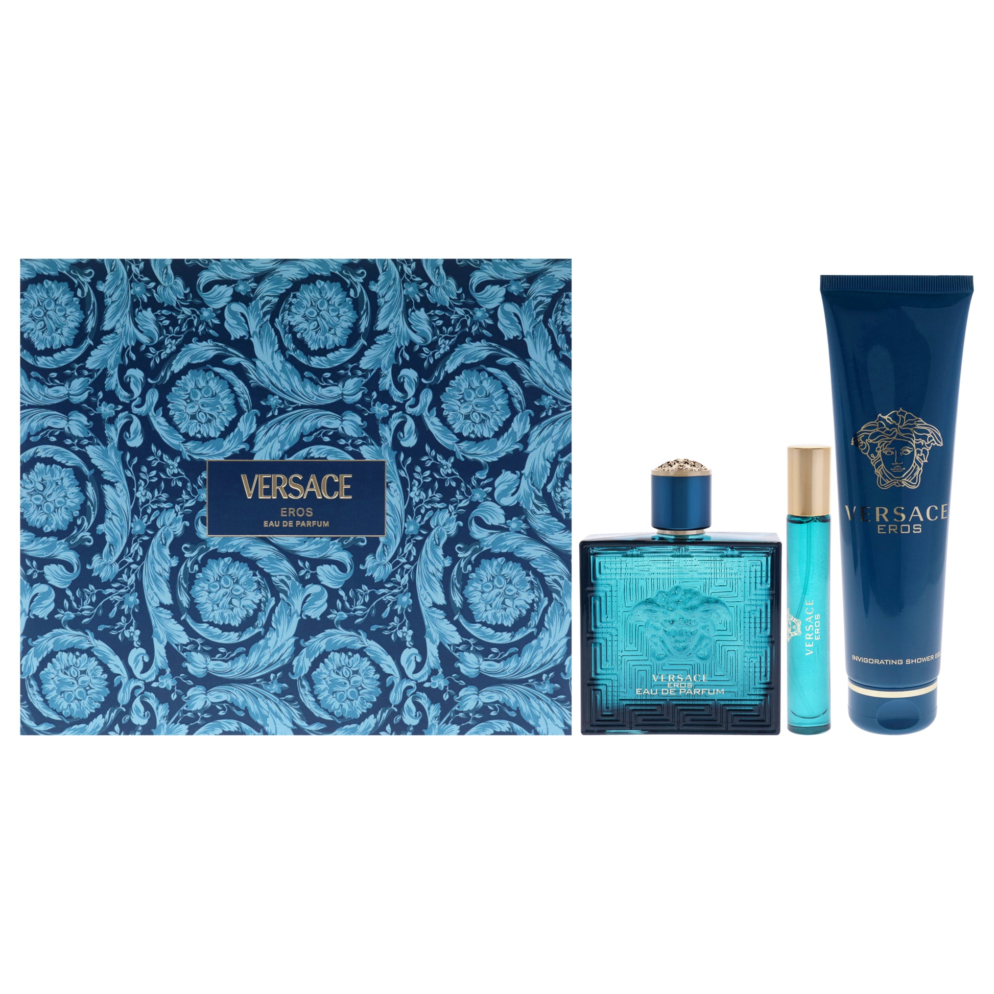 Versace Eros by Versace for Men - 3 Pc Gift Set 3.4oz EDP Spray, 0.3oz EDP Spray, 5oz Shower Gel