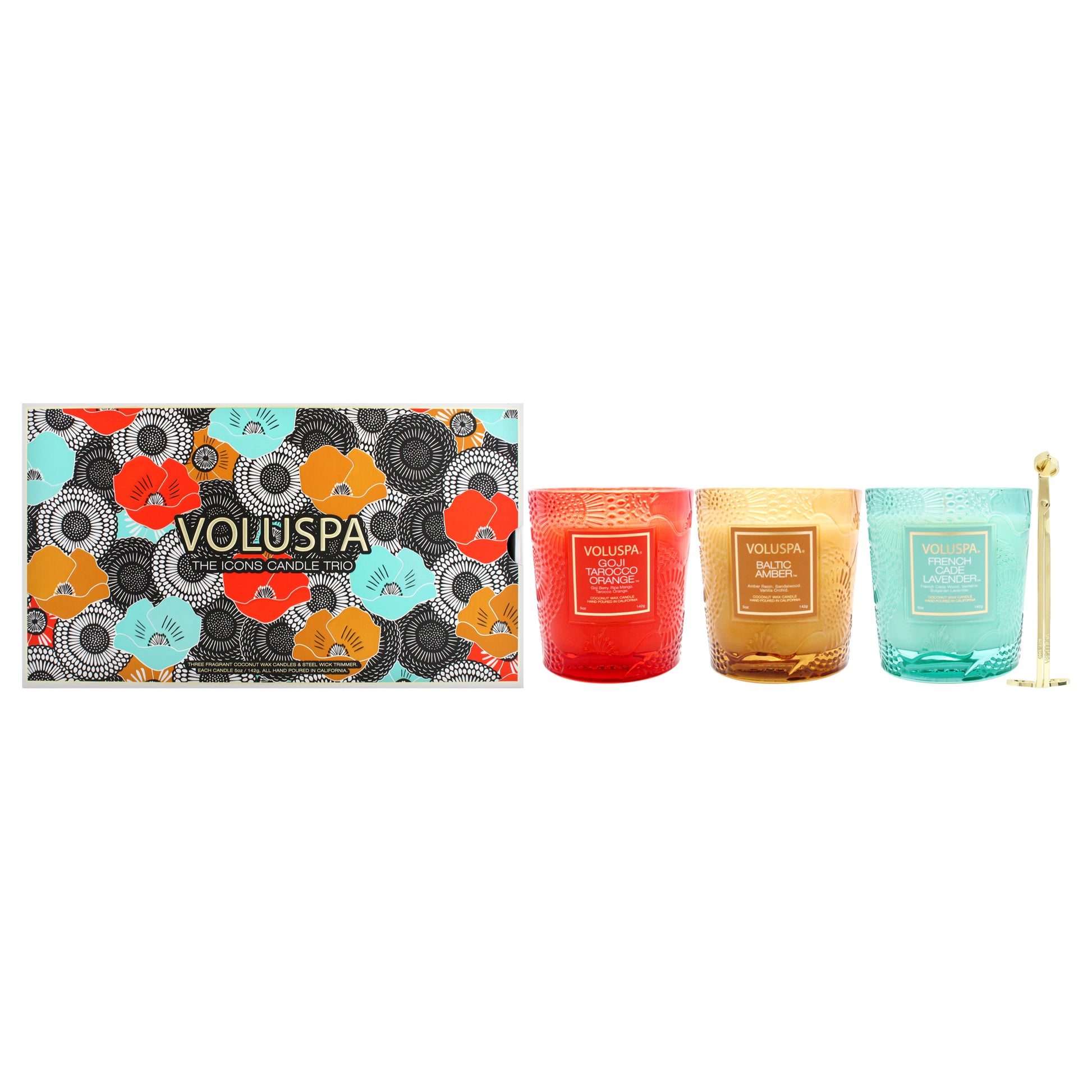 The Icons Candle Trio by Voluspa for Unisex - 3 Pc 5oz Baltic Amber Candle, 0.5oz French Cade Lavender Candle, 5oz Goji Tarocco Orange Candle