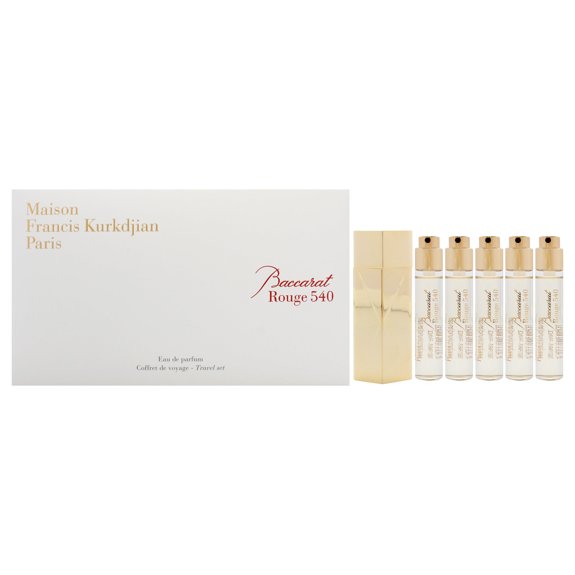 Baccarat Rouge 540 Travel Set by Maison Francis Kurkdjian for Unisex - 6 Pc Gift Set 5 x 0.37 EDP Spray (Refill), Case Gold (Empty)