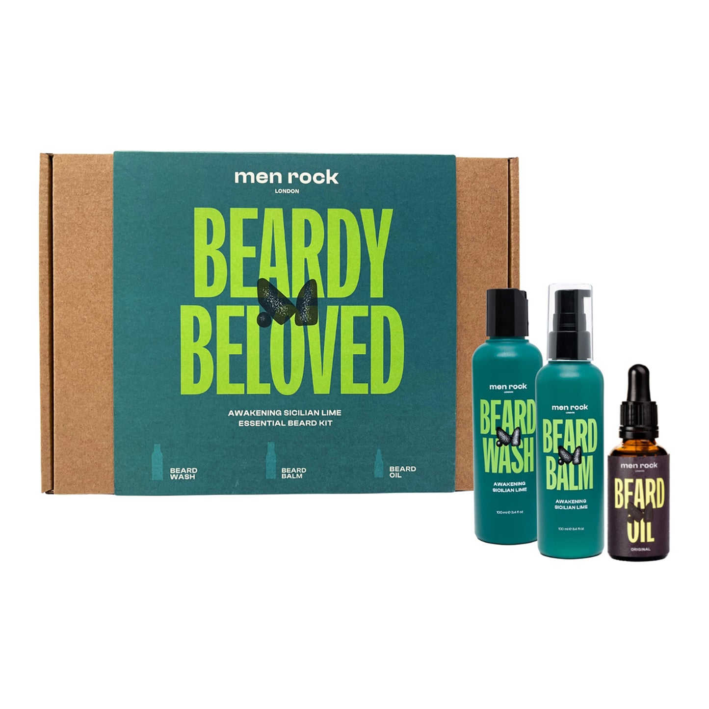 Beardy Beloved Awakening Essential Beard Kit - Sicilian lime by Men Rock for Men - 3 Pc 3.4oz Awakening Beard Wash - Sicilian Lime, 3.4oz Awakening Beard Balm - Sicilian Lime, 1oz Beard Oil - Original