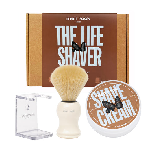 The Life Shaver Essential Shaving Kit - Sandalwood by Men Rock for Men - 3 Pc 3.5oz Shave Cream - Sandalwood, Synthetic Shaving Brush, Clear Drip Stand