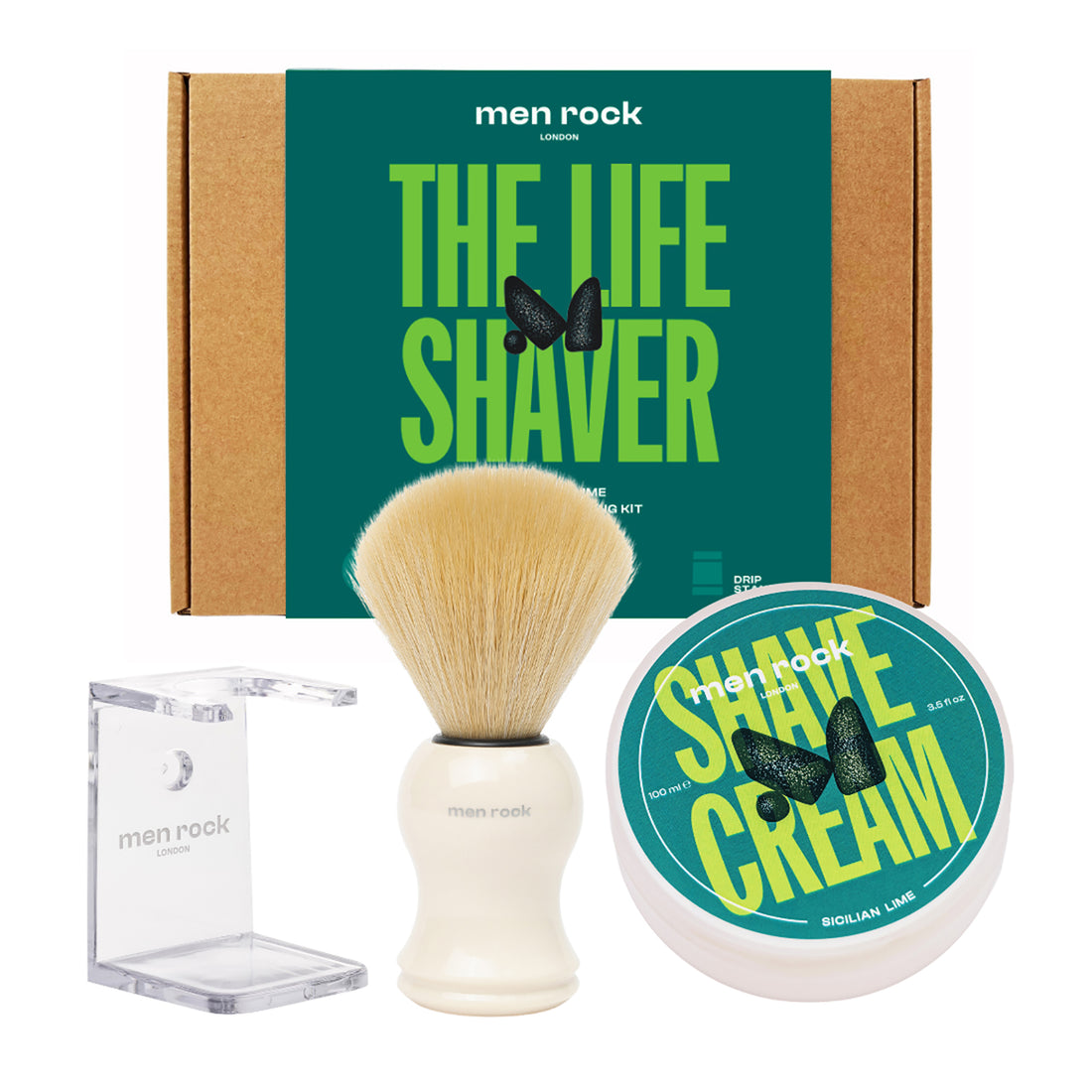 The Life Shaver Essential Shaving Kit - Sicilian Lime by Men Rock for Men - 3 Pc 3.5oz Shave Cream - Sicilian Lime, Synthetic Shaving Brush, Clear Drip Stand