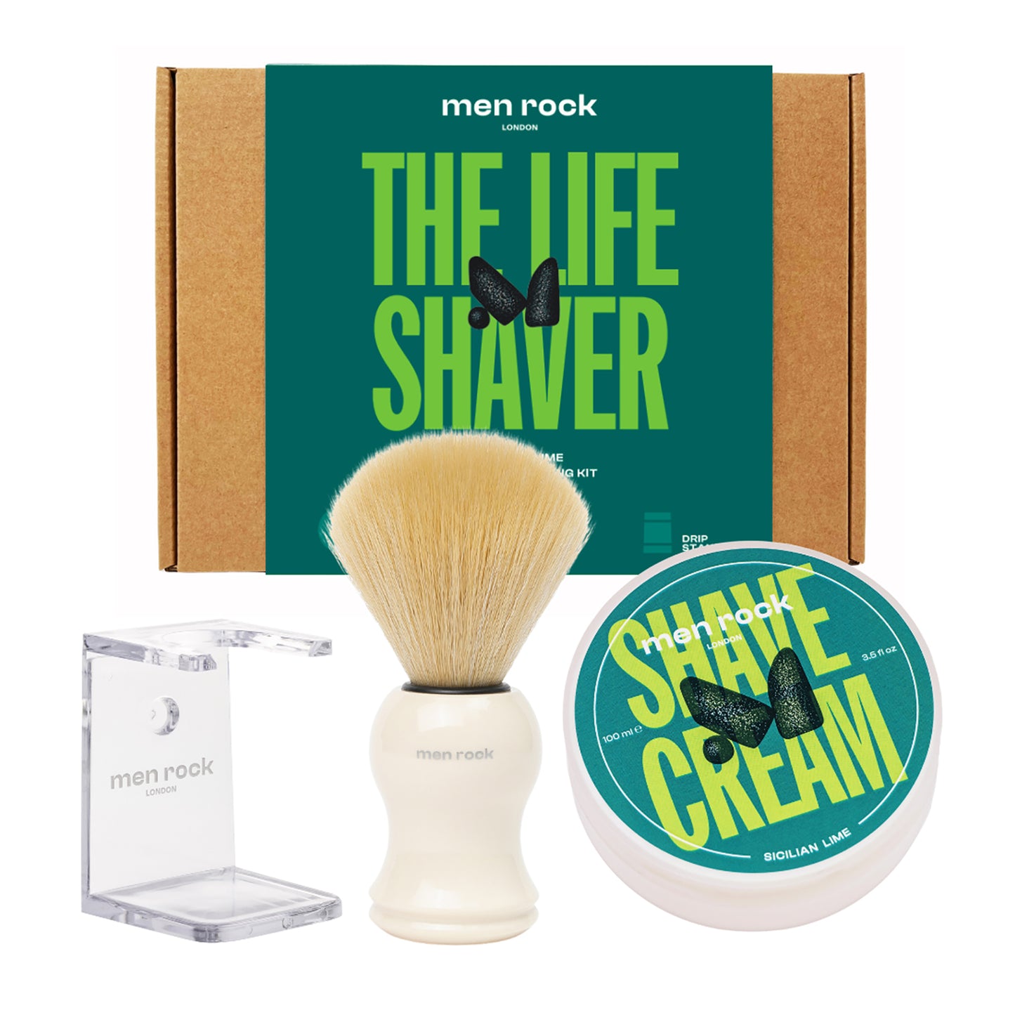 The Life Shaver Essential Shaving Kit - Sicilian Lime by Men Rock for Men - 3 Pc 3.5oz Shave Cream - Sicilian Lime, Synthetic Shaving Brush, Clear Drip Stand