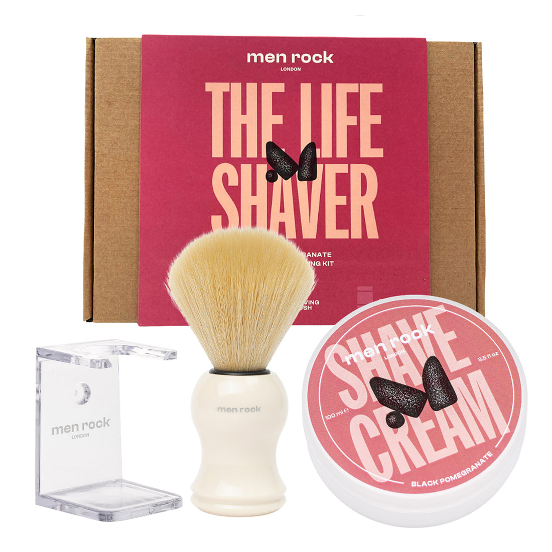 The Life Shaver Essential Shaving Kit - Black Pomegranate by Men Rock for Men - 3 Pc 3.5oz Shave Cream - Black Pomegranate, Synthetic Shaving Brush, Clear Drip Stand