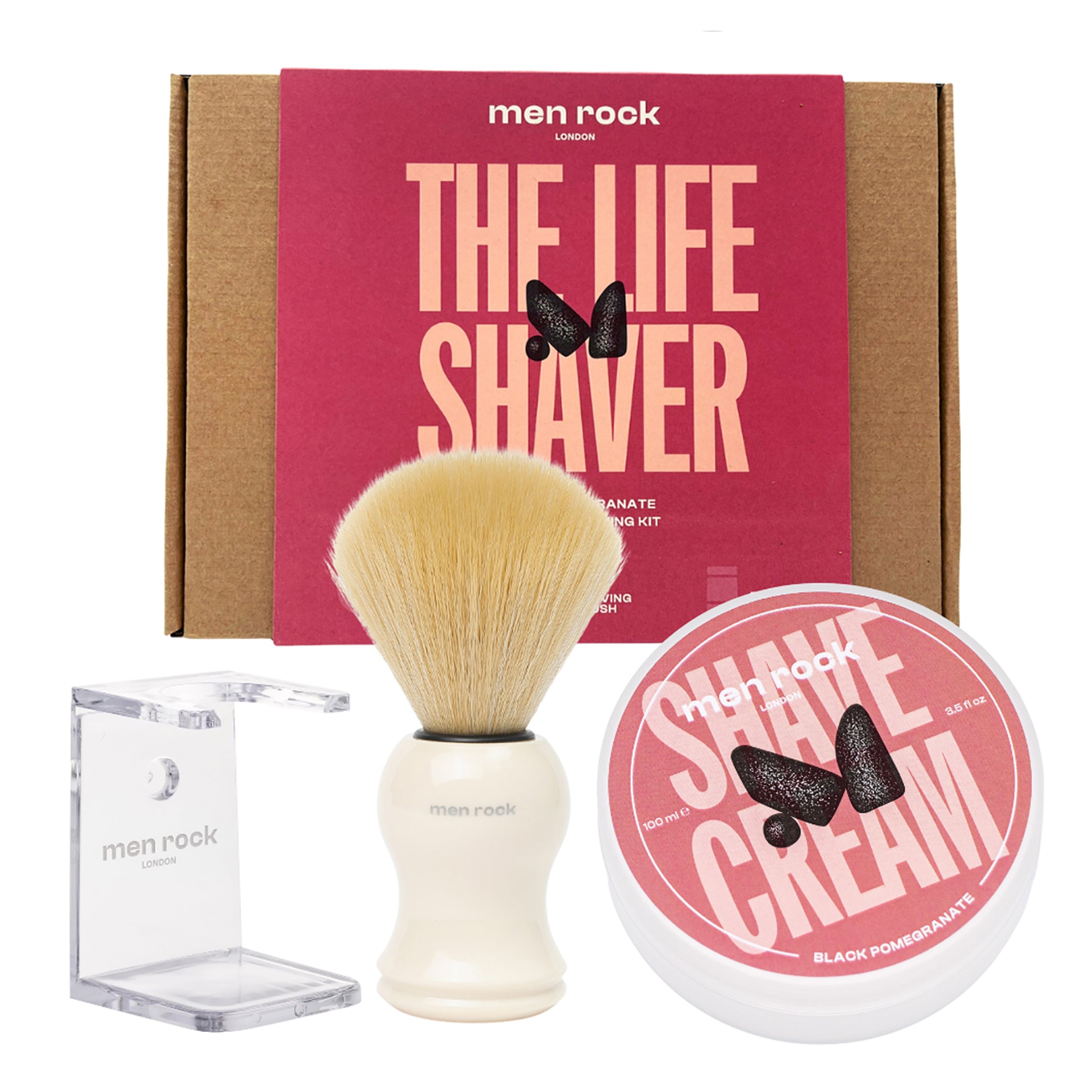 The Life Shaver Essential Shaving Kit - Black Pomegranate by Men Rock for Men - 3 Pc 3.5oz Shave Cream - Black Pomegranate, Synthetic Shaving Brush, Clear Drip Stand