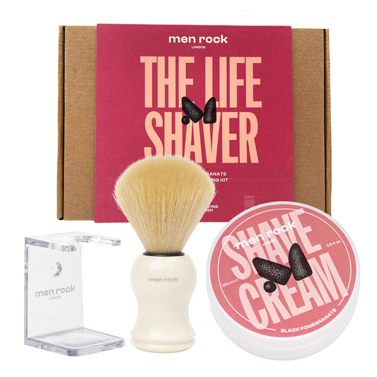 The Life Shaver Essential Shaving Kit - Black Pomegranate by Men Rock for Men - 3 Pc 3.5oz Shave Cream - Black Pomegranate, Synthetic Shaving Brush, Clear Drip Stand