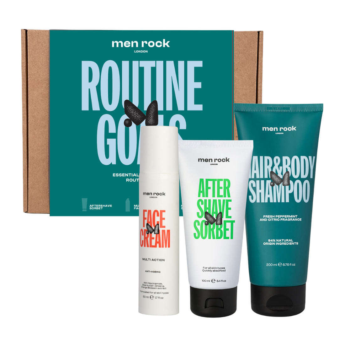 Routine Goals Essential Grooming Kit by Men Rock for Men - 3 Pc 3.4oz After Shave Sorbet, 1.7oz Multi-Action Face Cream, 5.8oz Hair and Body Shampoo