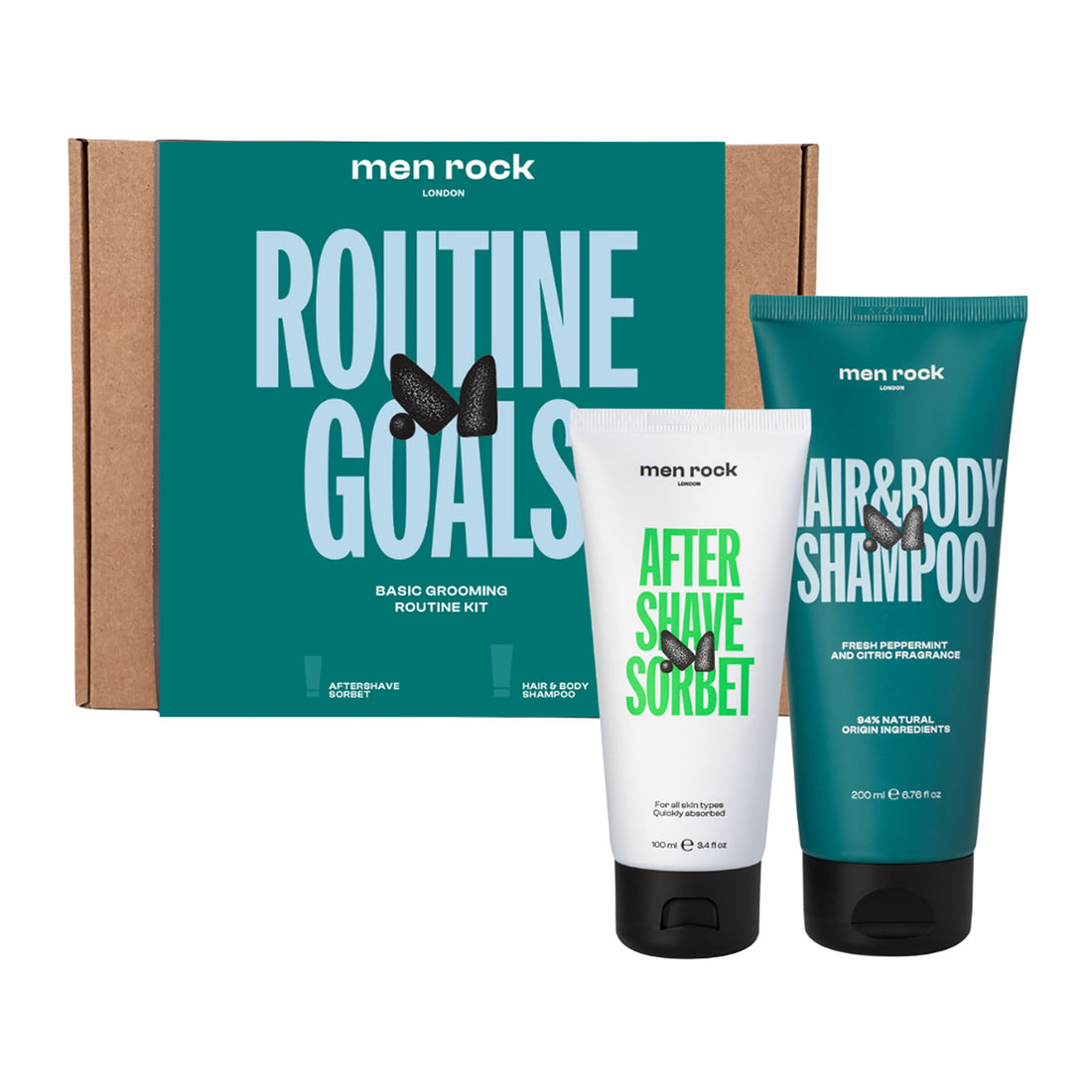 Routine Goals Basic Grooming Kit by Men Rock for Men - 2 Pc 3.4oz After Shave Sorbet, 5.8oz Hair and Body Shampoo