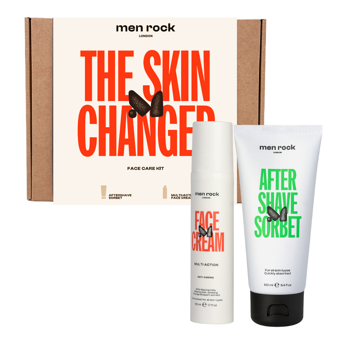 The Skin Changer Face Care Kit by Men Rock for Men - 2 Pc 3.4oz After Shave Sorbet, 1.7oz Multi-Action Face Cream