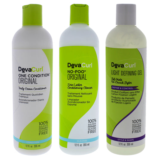 DevaCurl Conditioner and Gel Kit by DevaCurl for Unisex - 3 Pc Kit 12oz No-Poo Zero Lather Conditioning Cleanser, 12oz One Condition Daily Cream Conditioner, 12oz Deva Curl Angel Light Hold Defining Gel