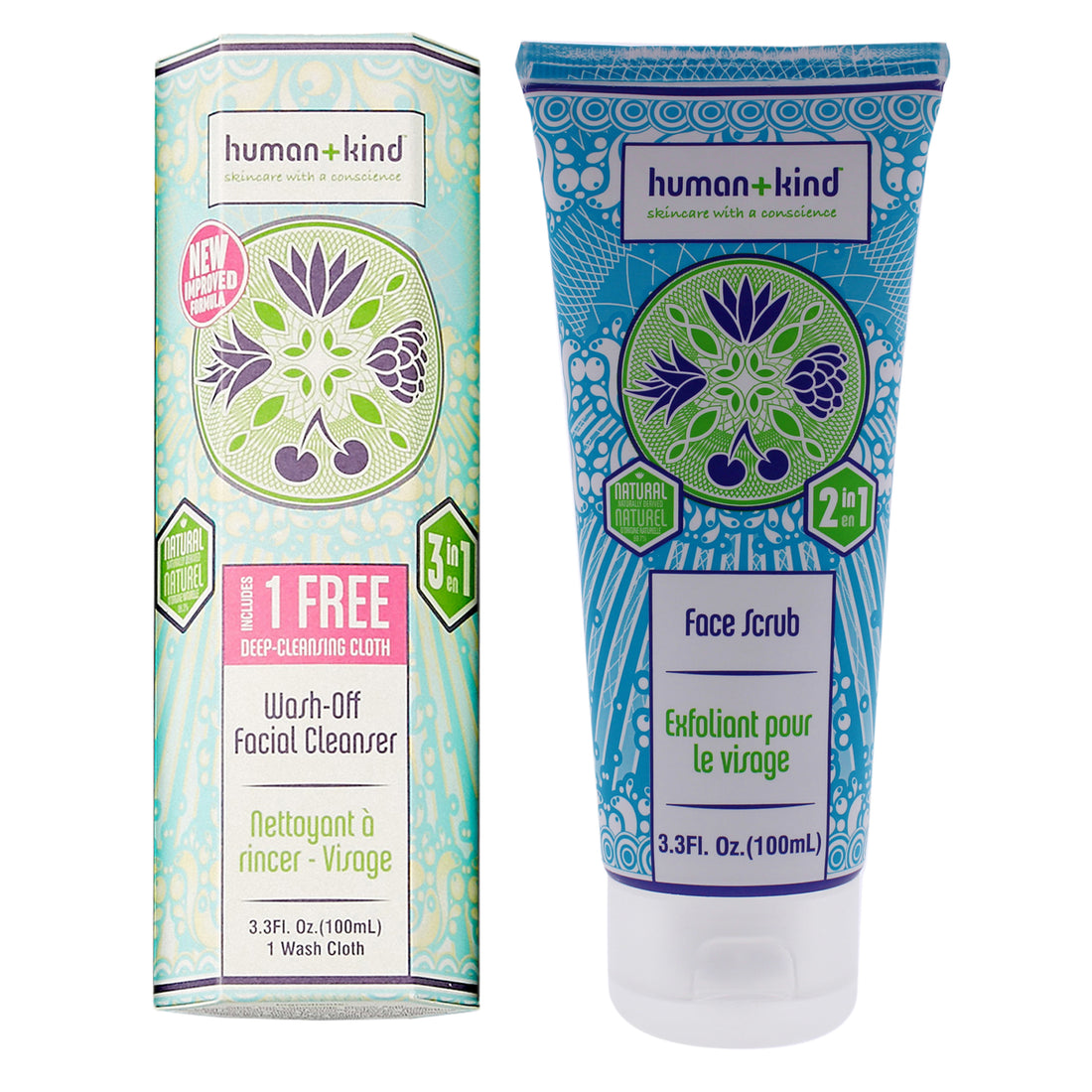 Wash-Off Facial Cleanser and Face Scrub Kit by Human+Kind for Unisex - 2 Pc Kit 3.38oz Cleanser, 3.3oz Scrub