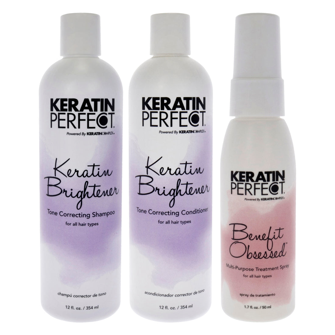 Keratin Brightener Kit by Keratin Perfect for Unisex - 3 Pc 12 oz Shampoo, 12oz Conditioner, 1.7oz Benefit Obsessed Treatment