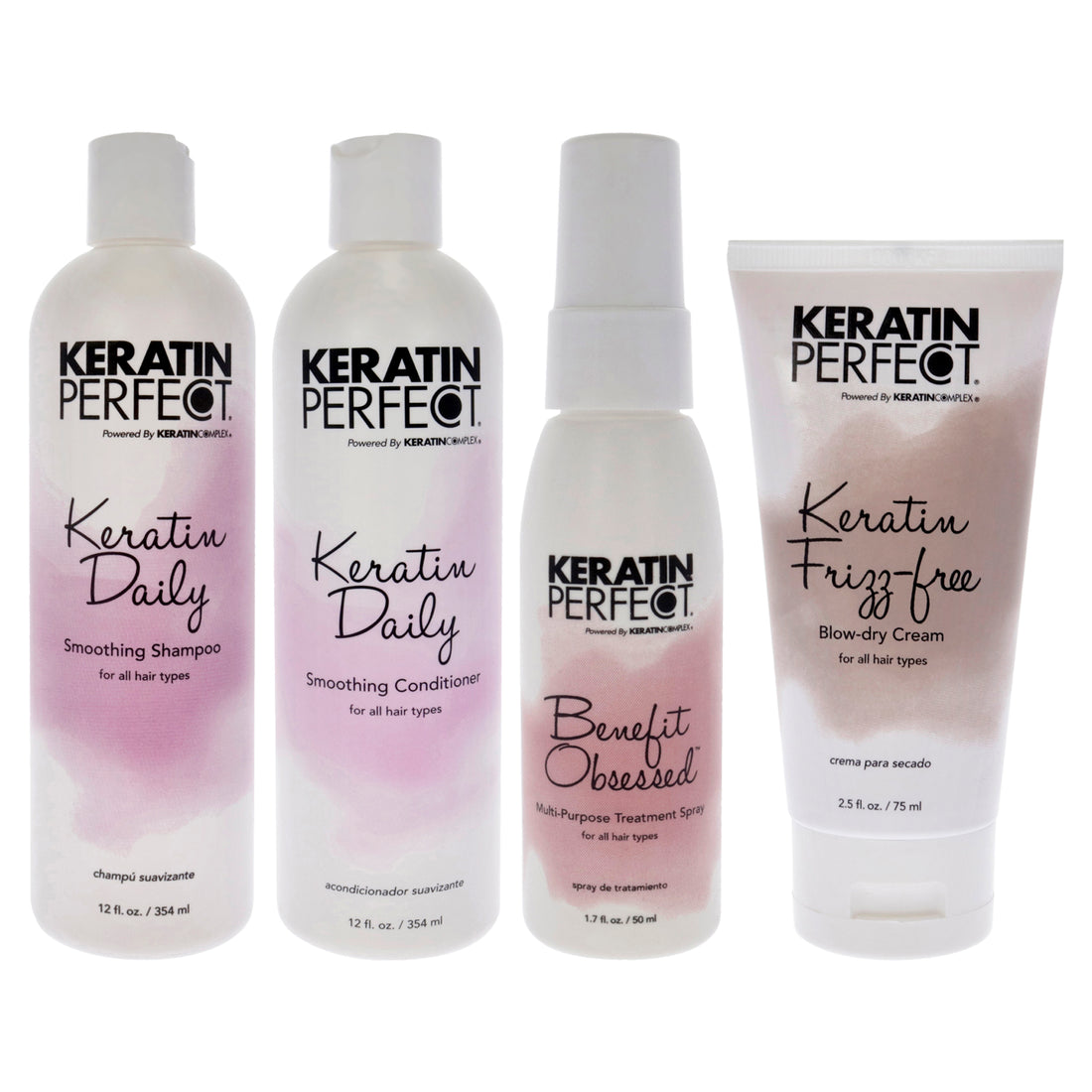 Keratin Daily Kit by Keratin Perfect for Unisex - 4 Pc Kit 12oz Shampoo, 12oz Conditioner, 2.5oz Frizz-Free Bow Dry Cream, 1.7oz Benefit Obsessed Treatment Spray