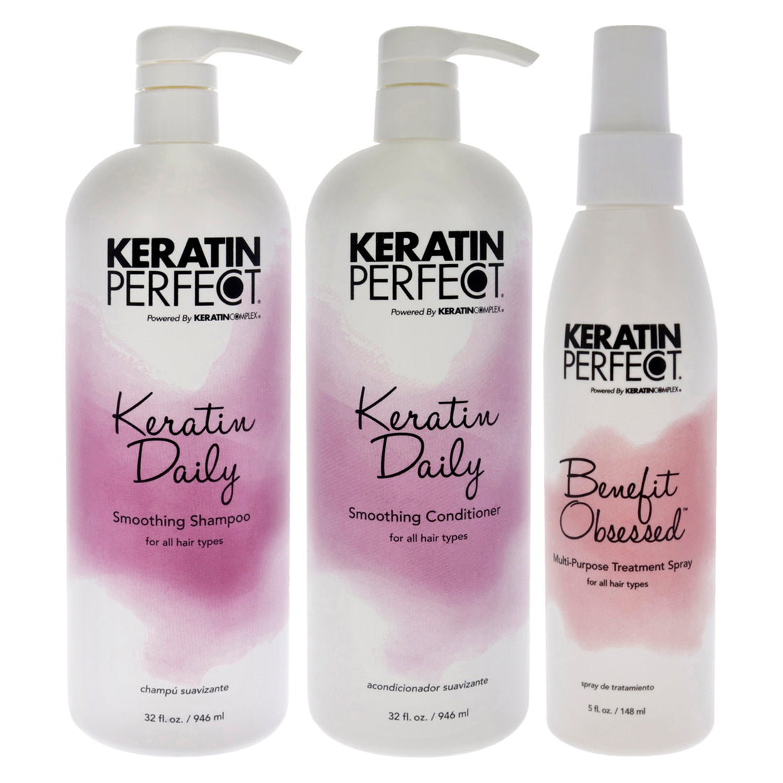 Keratin Daily Kit by Keratin Perfect for Unisex - 3 Pc Kit 32oz Shampoo, 32oz Conditioner, 5oz Benefit Obsessed Treatment Spray