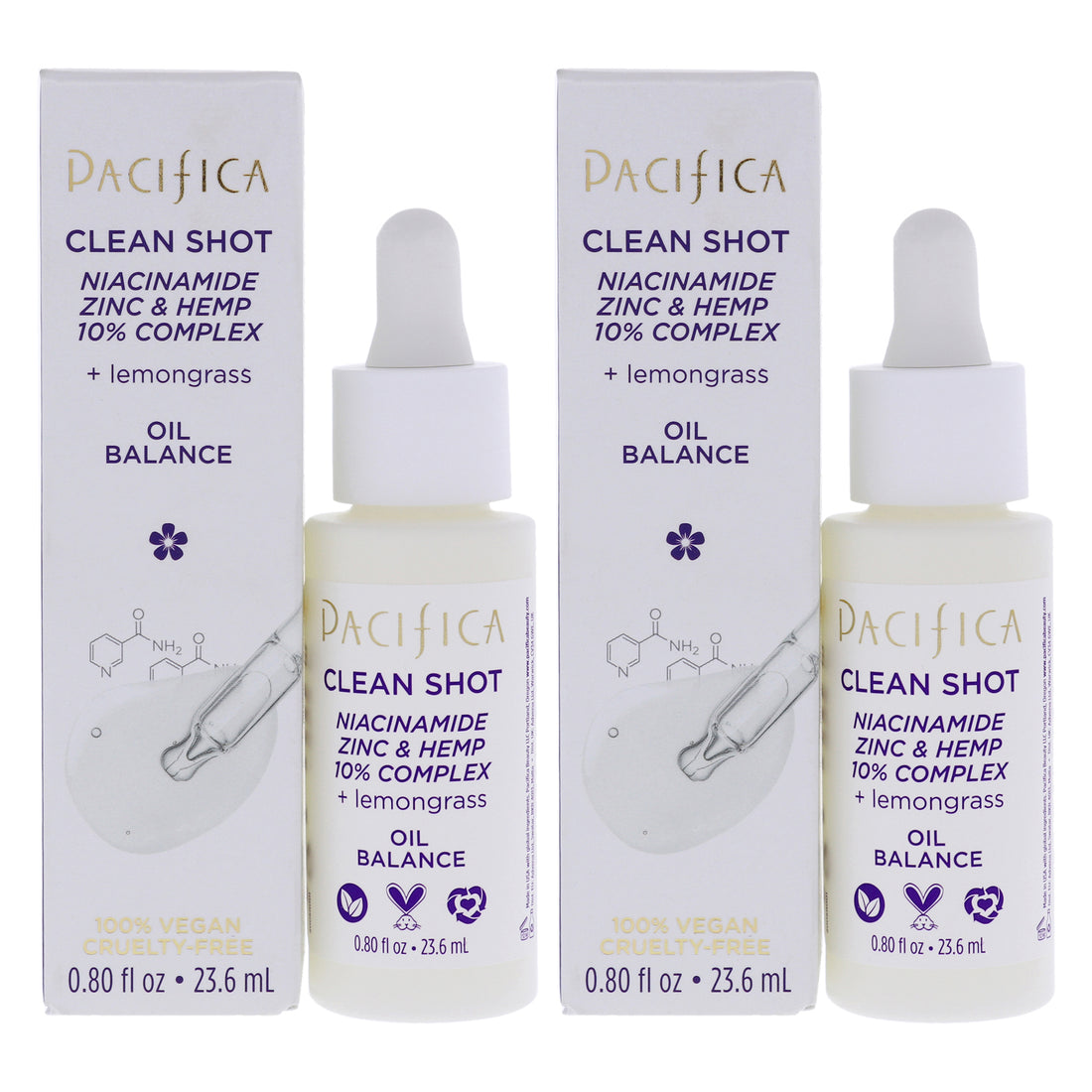 Clean Shot Niacinamide Zinc and Hemp 10 Percent Complex by Pacifica for Unisex - 0.8 oz Serum - Pack of 2