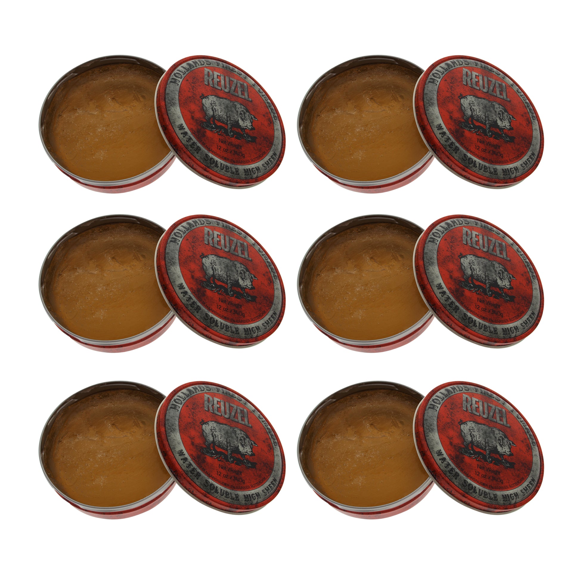 Red Water Soluble High Sheen Pomade by Reuzel for Men - 12 oz Pomade - Pack of 6