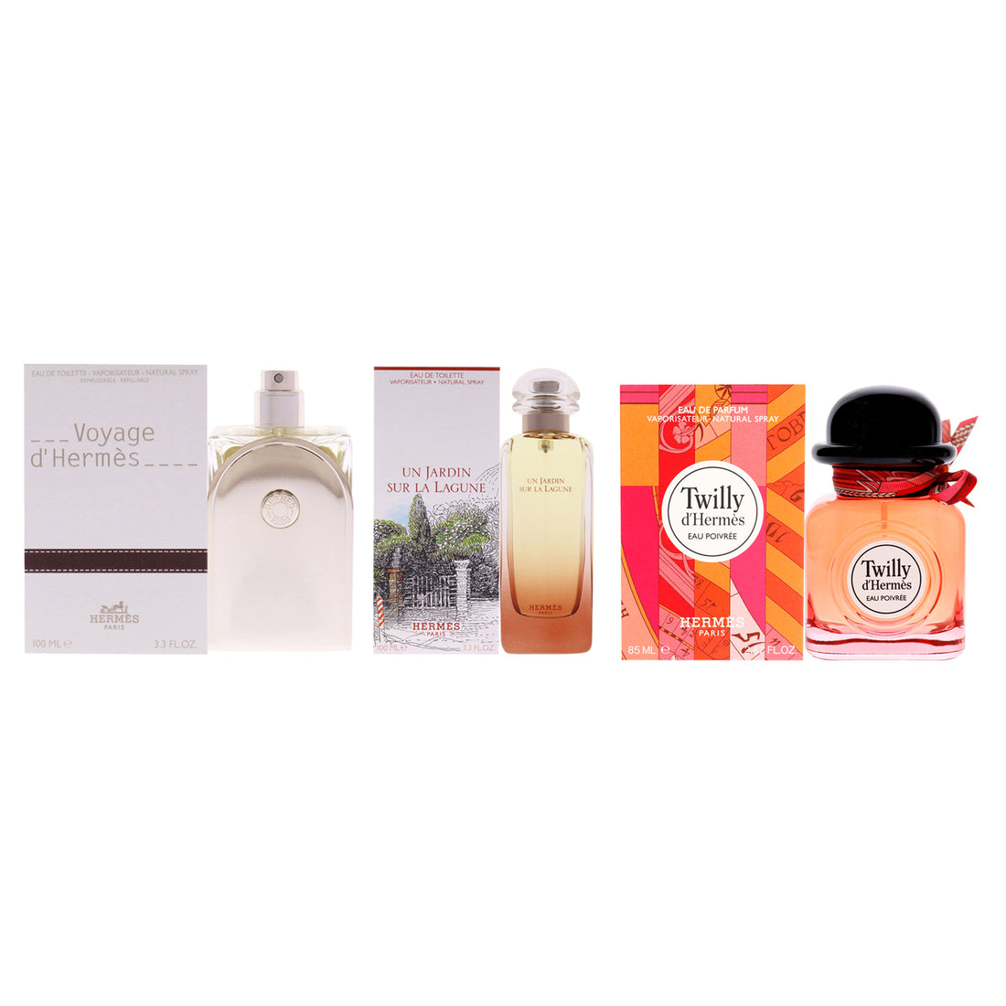 Hermes Fragrance Kit by Hermes for Women - 3 Pc Kit 2.87oz Twilly DHermes Eau Poivree EDP Spray, 3.3oz Un Jardin Sur La Lagune EDT Spray, 3.3oz Voyage Dhermes EDT Spray (Refillable)