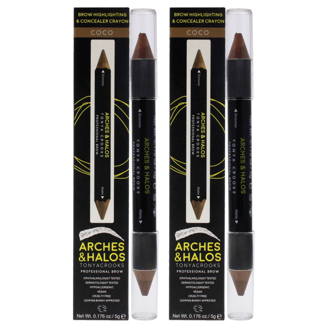 Brow Highlighter and Concealer Crayon - Coco by Arches and Halos for Women - 0.176 oz Highlighter - Pack of 2