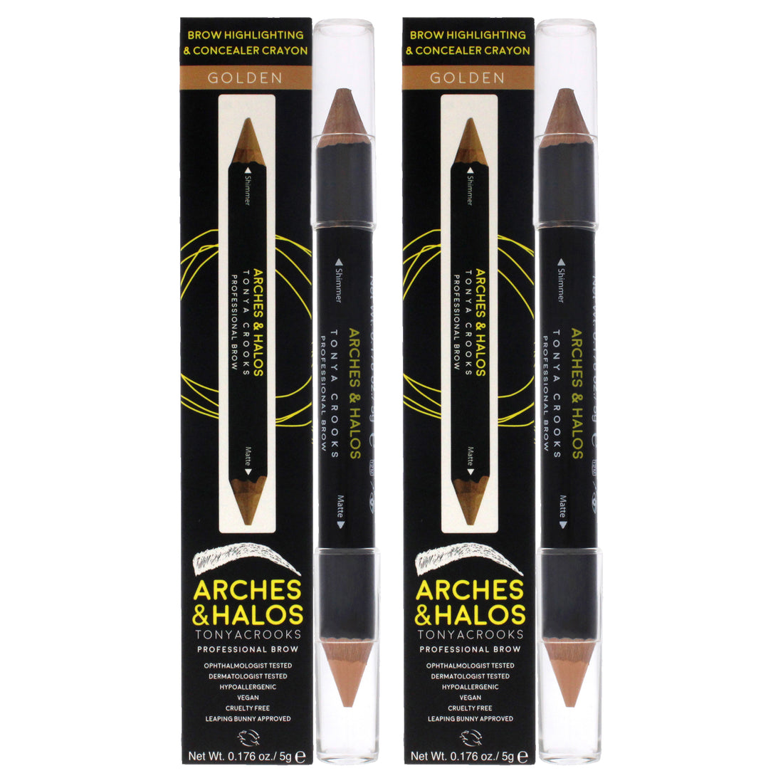 Brow Highlighting and Concealer Crayon - Golden by Arches and Halos for Women - 0.176 oz Highlighter - Pack of 2