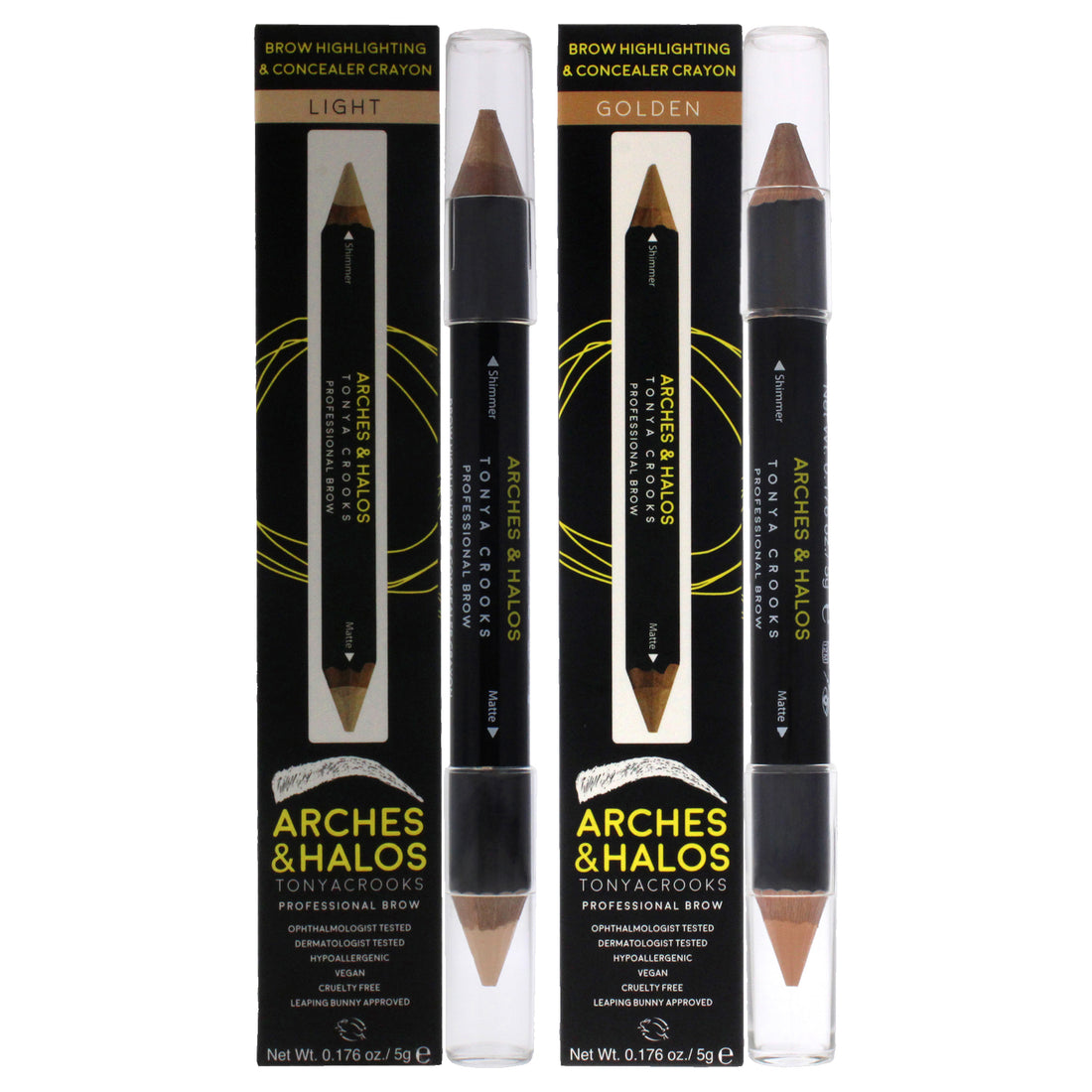 Brow Highlighting and Concealer Crayon Kit by Arches and Halos for Women - 2 Pc Kit 0.176oz Highlighter - Golden, Light