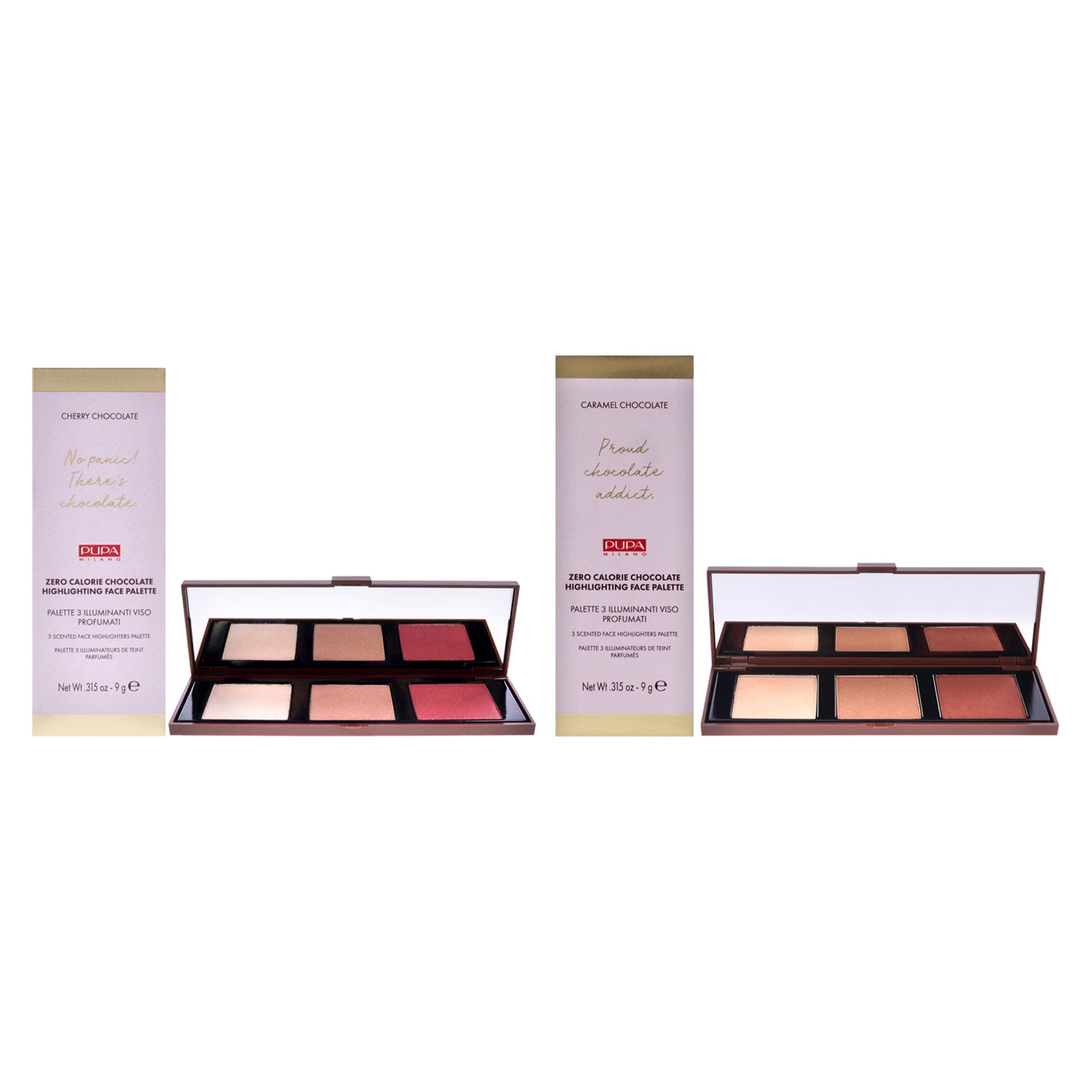 Zero Calorie Chocolate Highlighter Palette Kit by Pupa Milano for Women - 2 Pc Kit 0.315oz Highlighter - 001 Cherry Chocolate, 002 - Caramel Chocolate