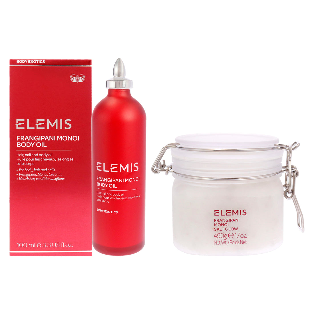 Frangipani Monoi Body Oil and Frangipani Monoi Salt Glow Kit by Elemis for Unisex - 2 Pc Kit 3.4oz Body Oil, 16oz Scrub