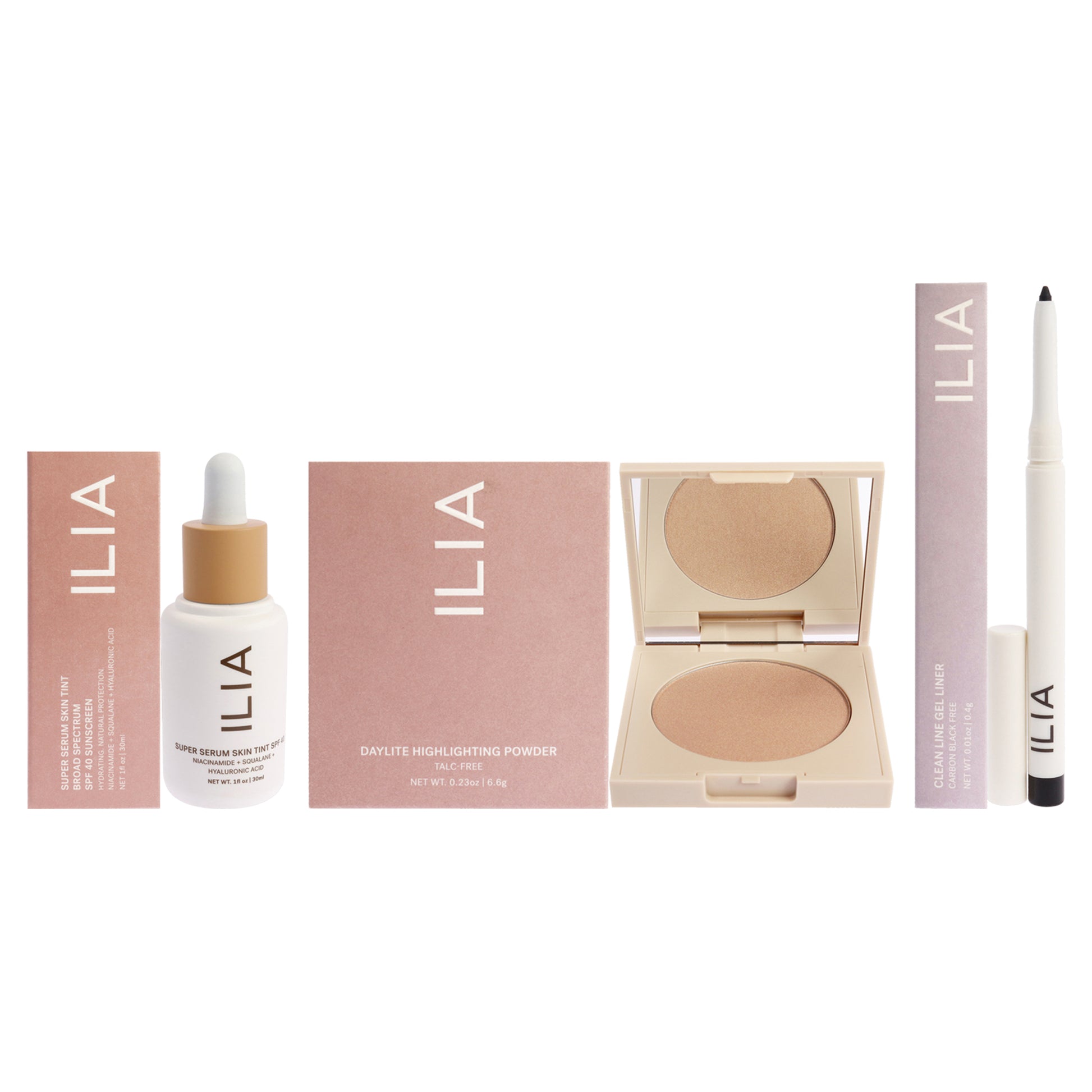 ILIA Beauty Kit by ILIA Beauty for Women - 3 Pc Kit 0.01oz Clean Line Gel Liner - Twilight, 0.42oz DayLite Highlighting Powder - Starstruck Deep Rose Gold, 1oz Super Serum Skin Tint Foundation SPF 40 - ST6 Ora