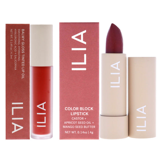 Balmy Gloss Tinted Lip Oil - Saint and Color Block Lipstick - Rumba Kit by ILIA Beauty for Women - 2 Pc Kit 0.14oz Lip Oil, 0.14oz Lipstick