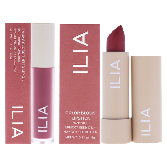 Balmy Gloss Tinted Lip Oil - Linger and Color Block High Impact Lipstick - Rosewood Kit by ILIA Beauty for Women - 2 Pc Kit 0.14oz Lip Oil, 0.14oz Lipstick