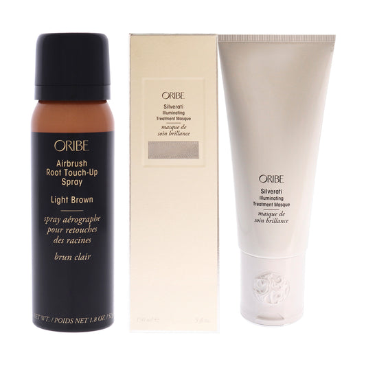 Airbrush Root Touch-Up Spray - Light Brown and Oribe Silverati Illuminating Treatment Masque Kit by Oribe for Unisex - 2 Pc Kit 1.8oz Hair Color, 5oz Masque