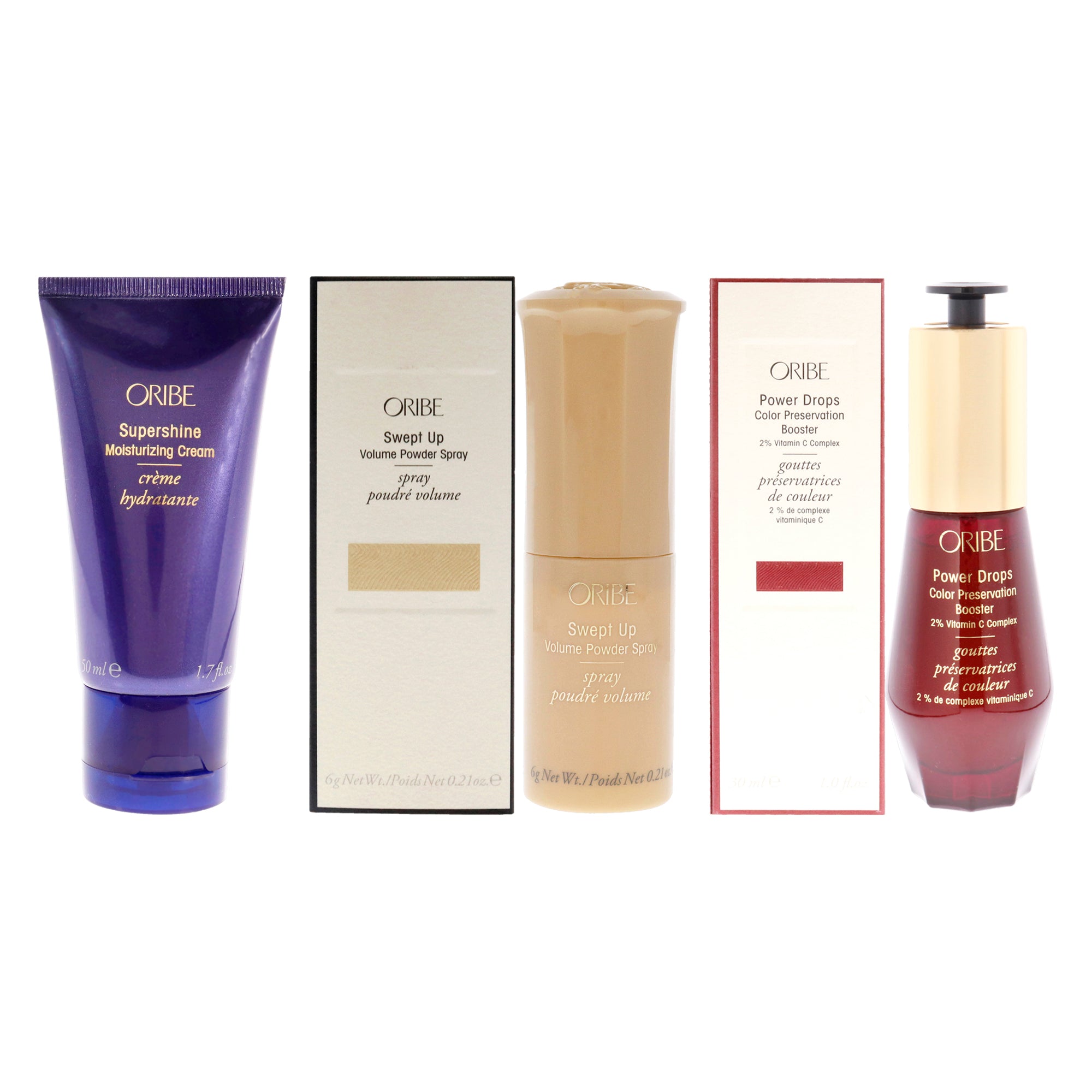 Oribe Kit by Oribe for Unisex - 3 Pc Kit 1.7oz Supershine Moisturizing Cream, 0.21oz Swept Up Volume Powder Spray, 1oz Power Drops Color Preservation Booster