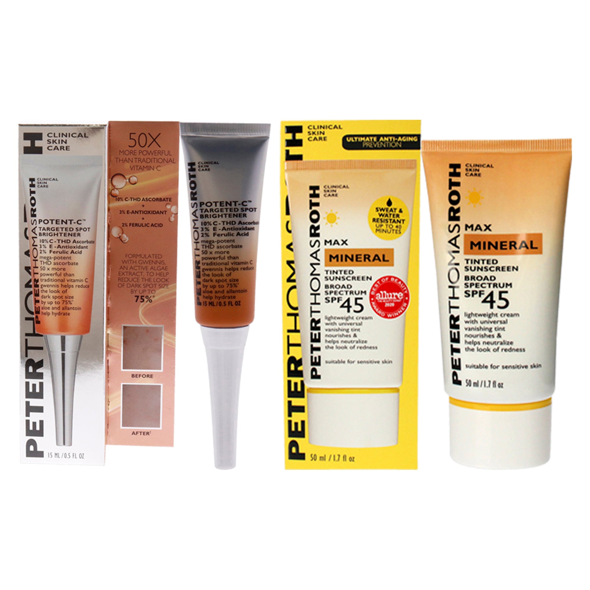 Potent-C Targeted Spot Brightener and Max Mineral Tinted Sunscreen SPF 45 Kit by Peter Thomas Roth for Unisex - 2 Pc Kit 0.5oz Treatment, 1.7oz Sunscreen