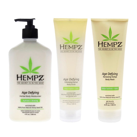 Age-Defying Herbal Body Moisturizer-Body Scrub and Body Wash Kit by Hempz for Unisex - 3 Pc Kit 17 oz Moisturizer, 9 oz Scrub, 8.5 oz Body Wash