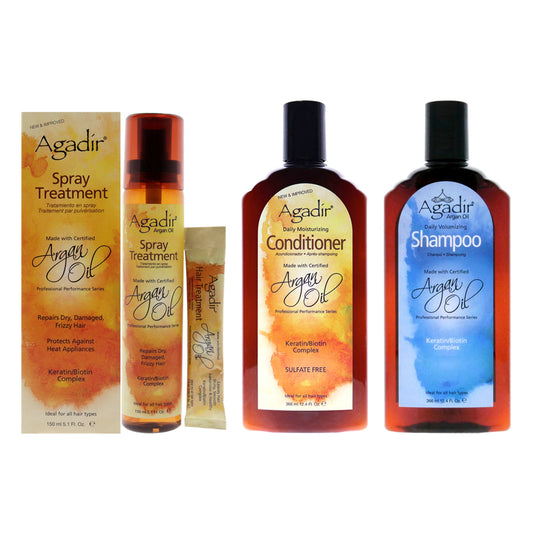 Argan Oil Daily Volumizing Shampoo and Moisturizing Conditioner With Spray Treatment Kit by Agadir for Unisex - 3 Pc Kit 12.4oz Shampoo, 12.4oz Conditioner, 5.1oz Treatment