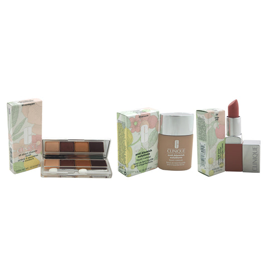 All About Shadow Quad - 03 Morning Java With Anti Blemish Solutions Liquid Makeup - 02 Fresh Ivory (VF) and Clinique Pop Lip Colour Plus Primer - 04 Beige Pop Kit by Clinique for Women - 3 Pc Kit 0.16oz Eye Shadow, 1oz Foundation, 0.13oz Lipstick