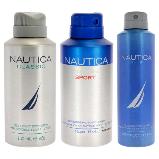 Nautica Kit by Nautica for Men - 3 Pc Kit 5oz Voyage Sport Body Spray, 5oz Classic Body Spray, 6oz Blue Deodorant Body Spray