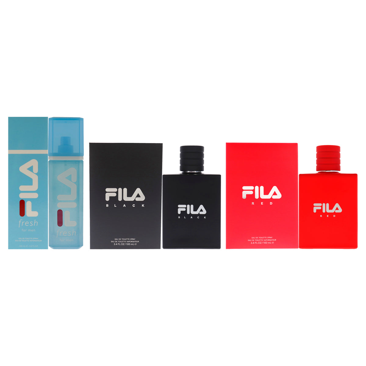 Fila Kit by Fila for Men - 3 Pc Kit 3.4oz Fila Black EDT Spray, 3.4oz Fila Fresh EDT Spray, 3.4oz Fila Red EDT Spray