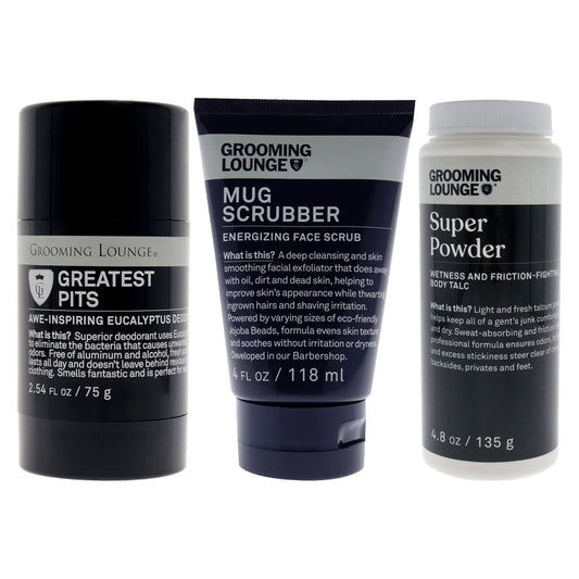 Greatest Pits Deodorant With Mug Scrubber Face Scrub and Super Powder Talcum Kit by Grooming Lounge for Men - 3 Pc Kit 2.54oz Deodorant Stick, 4oz Scrub, 4.8oz Powder