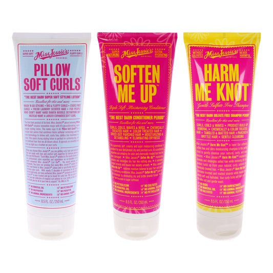 Harm Me Knot With Soften Me Up and Pillow Soft Curls Kit by Miss Jessies for Unisex - 3 Pc Kit 8.5oz Shampoo, 8.5oz Conditioner, 8.5oz Lotion