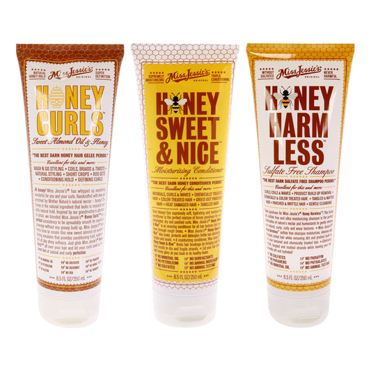 Honey Curls With Honey Harm Less - Honey Sweet and Nice Kit by Miss Jessies for Unisex - 3 Pc Kit 8.5oz Emulsion, 8.5oz Shampoo, 8.5oz Conditioner