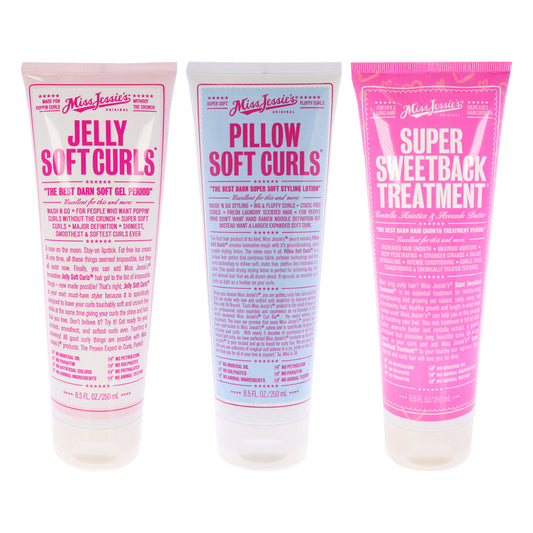 Jelly Soft Curl With Pillow Soft Curls and Super Sweetback Treatment Kit by Miss Jessies for Unisex - 3 Pc Kit 8.5oz Gel, 8.5oz Lotion, 8.5oz Treatment