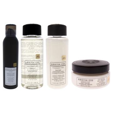 Fragrance Free and Refine Signature Finishing Spray Kit by Kristin Ess for Unisex - 4 Pc Kit 10oz Daily Cleansing Shampoo, 10oz Shine Enhancing Conditioner, 3.4oz Soft Shine Grooming Cream, 7.5oz Hair Spray